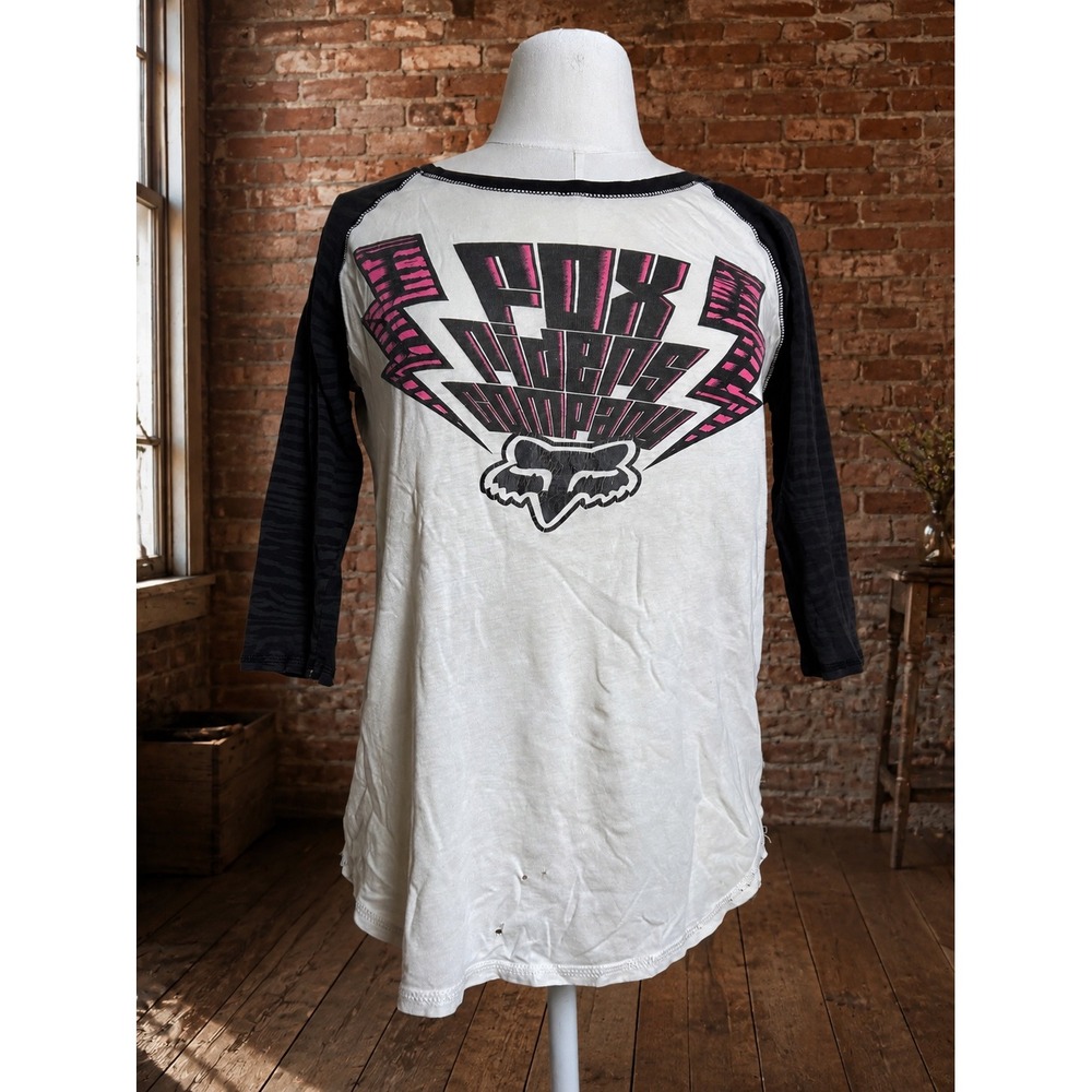 Y2K Fox Racing Small Raglan Tee Black Pink 2000s Moto Skater Grunge 2000s